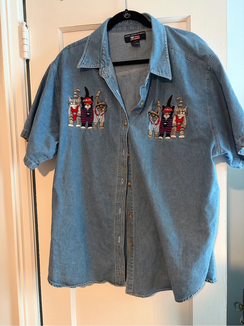 Embroidered Cat Denim Button-Down Shirt in Light Blue